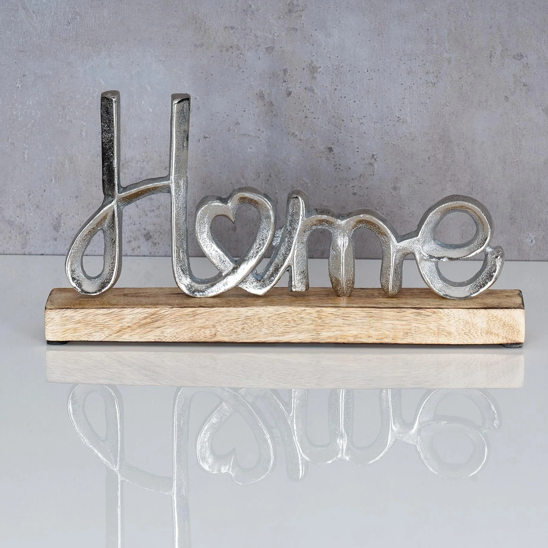 Deko-Schriftzug „Home“ – Metall & Mangoholz, 17 × 11 × 5 cm